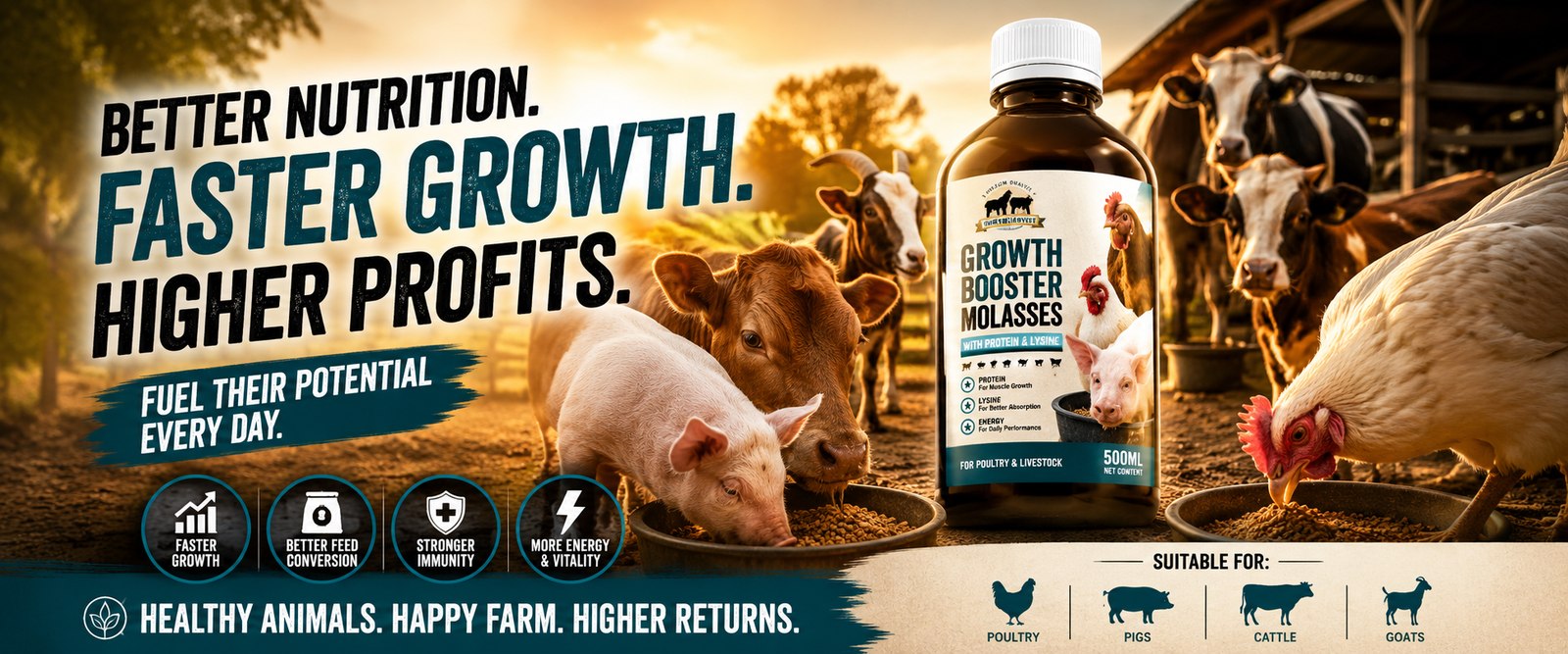 Growth Booster Molasses — better nutrition, faster growth, higher profits, for poultry, pigs, cattle and goats